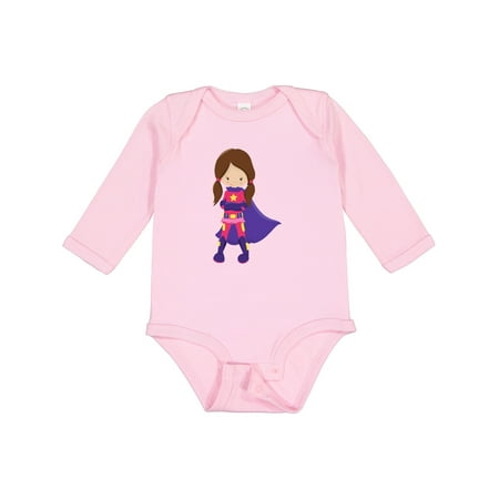 

Inktastic Superhero Girl Brown Hair Cute Girl Purple Cape Gift Baby Girl Long Sleeve Bodysuit
