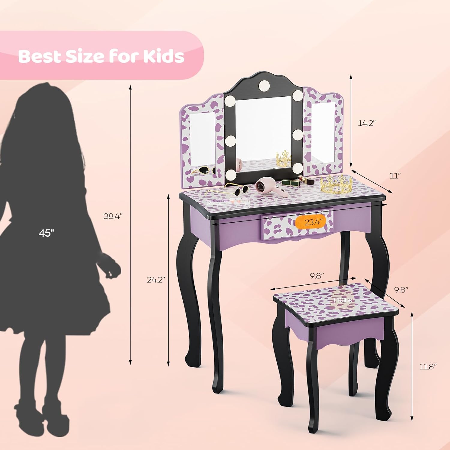 Matladin Kids Vanity Table and Chair Set with Leopard Print, Tri-Fold Mirror & Lights, Girls Vanity, Princess Makeup Desk for Girls