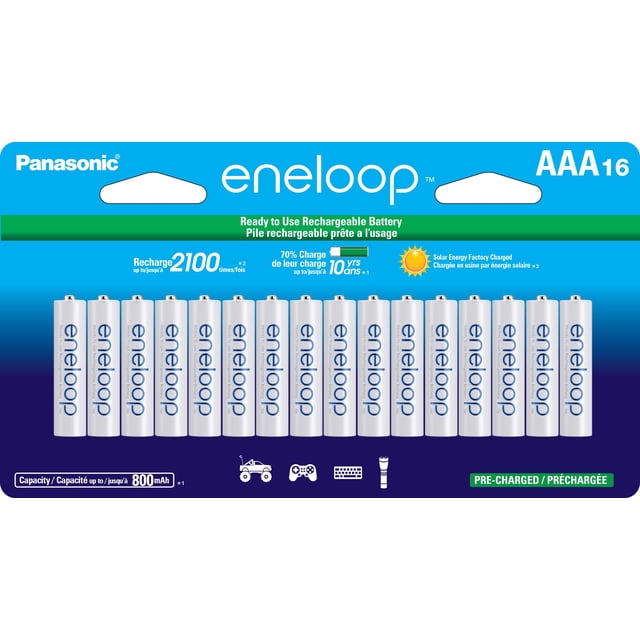 pilas recargables panasonic eneloop aaa 2100 cycle, paquete de 16 paquete con 16 pilas AAA Eneloop alineadas, cuerpos blancos con texto azul 'eneloop', empaque azul con logotipos Panasonic y '2100 cycle', indica 800 mAh típico, precargadas y aptas para controles remotos, linternas y juguetes; a menudo usadas también para mandos inalámbricos.