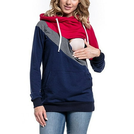 Sleeve Maternity Hoodie - Womens Maternity Nursing Patchwork Zipper Hoodie Sweatshirt Pullover Long Sleeve Breastfeeding Top with Kangaroo Pocket