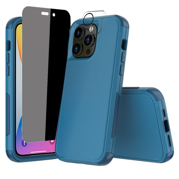NIFFPD iPhone 14 Pro Case with Screen Protector(Anti Spy Privacy) + Camera Lens Protector, Heavy Duty Hard Shockproof Phone Case for iPhone 14 Pro 6.1" Nave