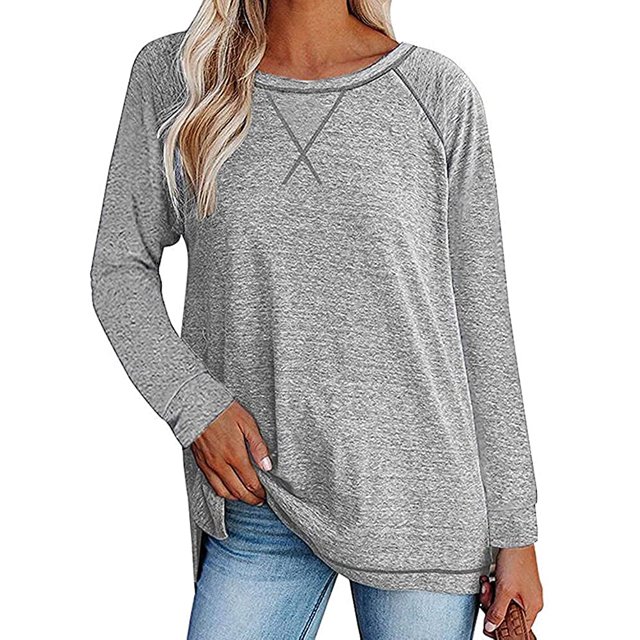 Chemises à Manches Longues pour Femmes Col Ras du Cou Raglan Casual Tunique en Coton en Vrac T-Shirt d'Automne