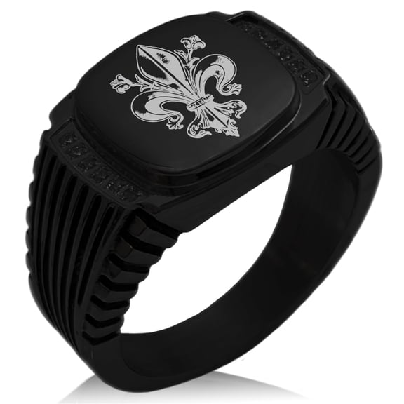 Tioneer Stainless Steel Antiue Fleur De Lis CZ Ribbed Needle Stripe Pattern Biker Style Polished Ring
