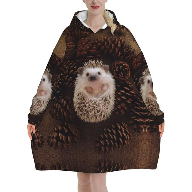 Hedgehog,Women's Oversized Wearable Blanket Hoodie, Blanket Sweatshirt,Flannel Pullover Blanket