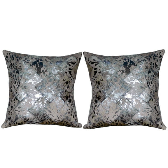 Hilason Set Of 2 Cowhide Leather Hair-On Patchwork Cushion Pillow Cover 16 X 16