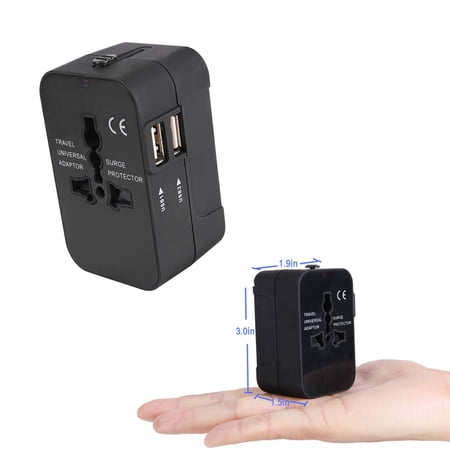 Lyxbone Portable All In One International Travel Charging Plug Dual 2.1A USB Ports Global Plug Converter Compatible with EU UK USA Australia Outlets Mini Size Black Overseas Travel Power Accessory