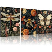 3pcs Vintage gothic insect art poster Wall Art Dark Dragonfly Canvas Painting Retro Floral Plant Pictures Moody Insect Poster Prints for Dark Academia Aesthetic Home Decoration (only canvas)