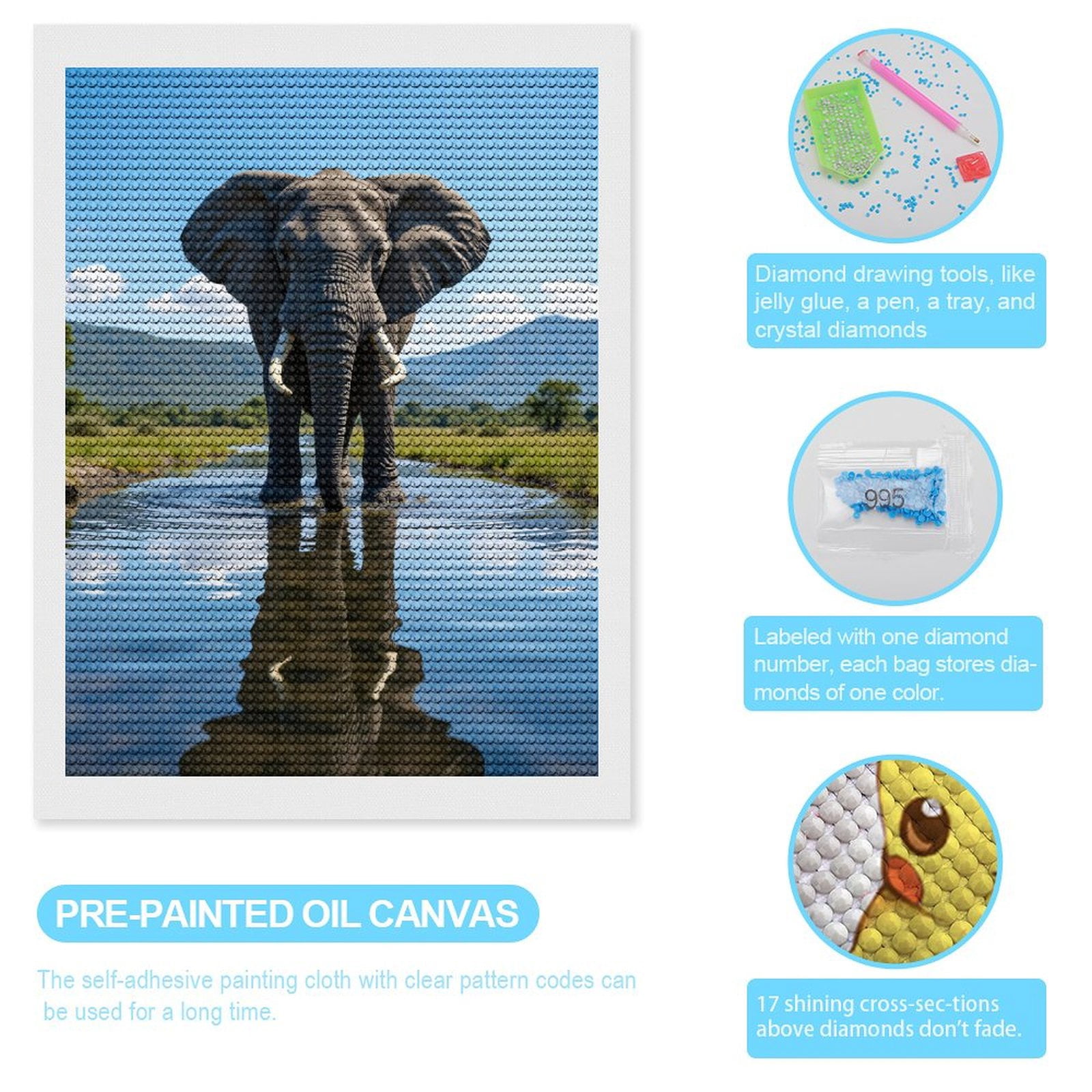 Diamond Art Kits for Adults, Elephant Reflection Serenity Water 5D Diamond Painting Kits for Adults Beginners, DIY Full Drill Diamond Painting, Gem Art and Crafts 12x16