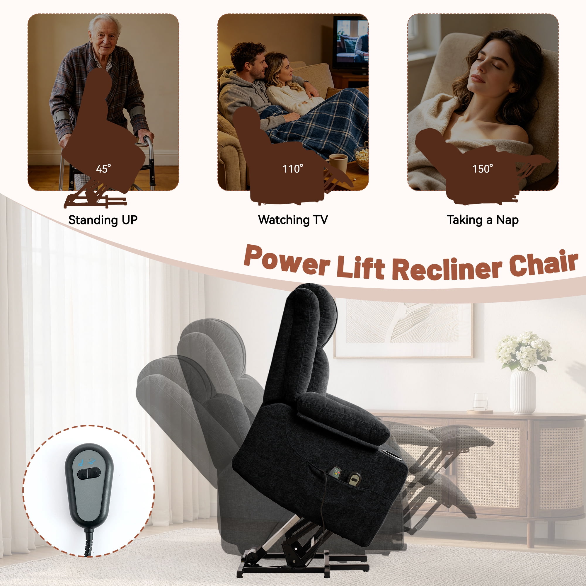 Korser Power Lift Recliner Chair for Elderly with Massage and Heat,Electric Lift Reclining Chair with Side Pockets and Cup Holders,Massage Recliner Chair for Living Room,Chenille,Black
