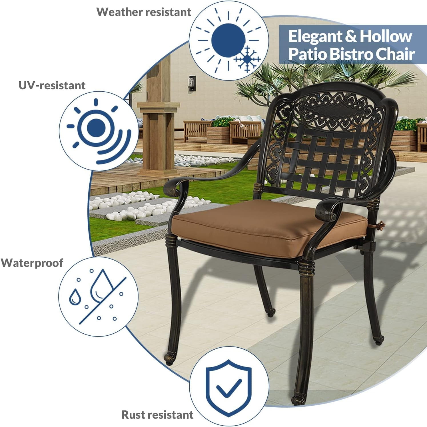 Socialcomfy 5 Cast Aluminum All-Weather Outdoor Conversation Sets, Bronze/Khaki