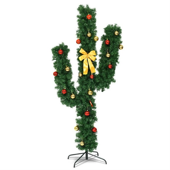 Demi Bonn 6 ft Green Artificial Cactus PVC Christmas Tree - Pre-Lit with Warm White LEDs, 40 Ball Ornaments Included