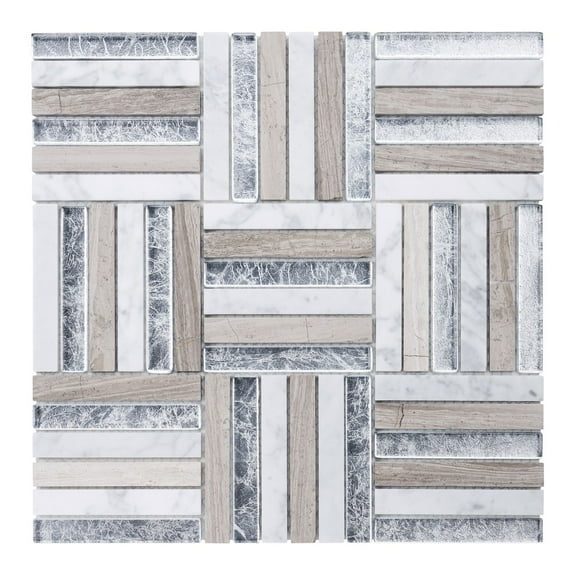 Modket TDH371NS Taupe Gray White Oak Calacatta Marble Stone Glass Parquet Mosaic Tile Backsplash