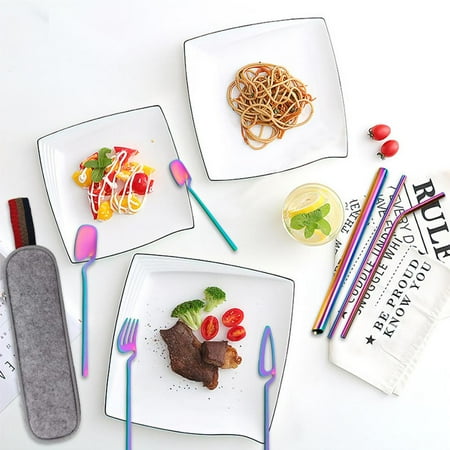 

Fovolat Portable Utensils Reusable Flatware Sets Stainless Steel Flatware Set Including Spoon Cutter Fork Straws Cleaning Brush Storage Bag for Camping nearby