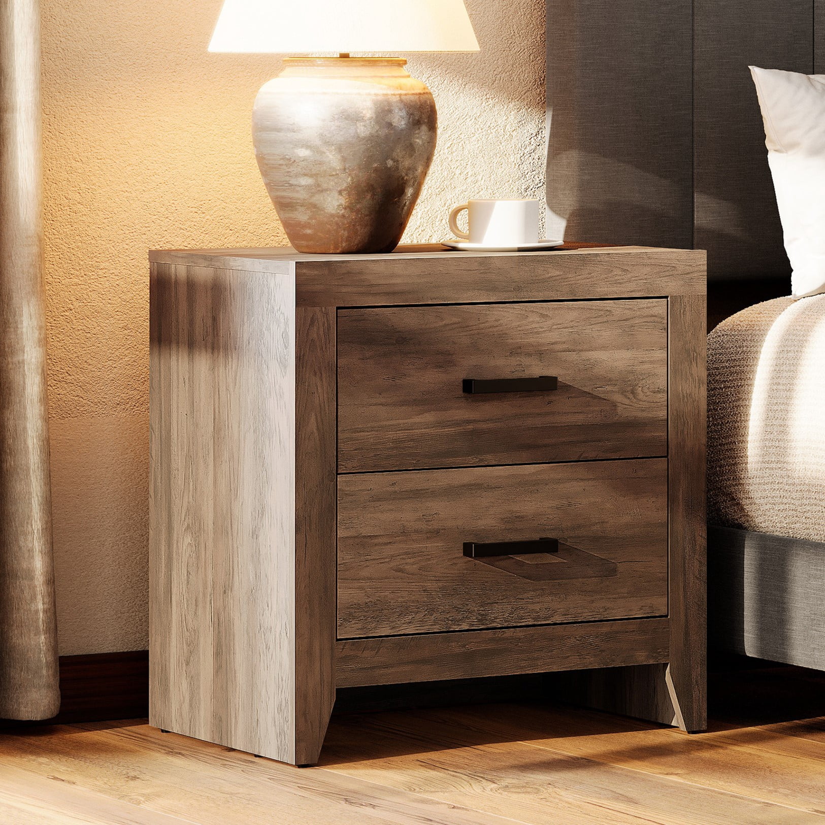 Set of 2 Farmhouse Rustic Wooden Nightstand With 2 Smooth‑Glide Storage Drawers,Solid‑Base Bedside End Table,Multi‑Purpose Accent Side Cabinet For Bedroom,Living‑Room,Brown