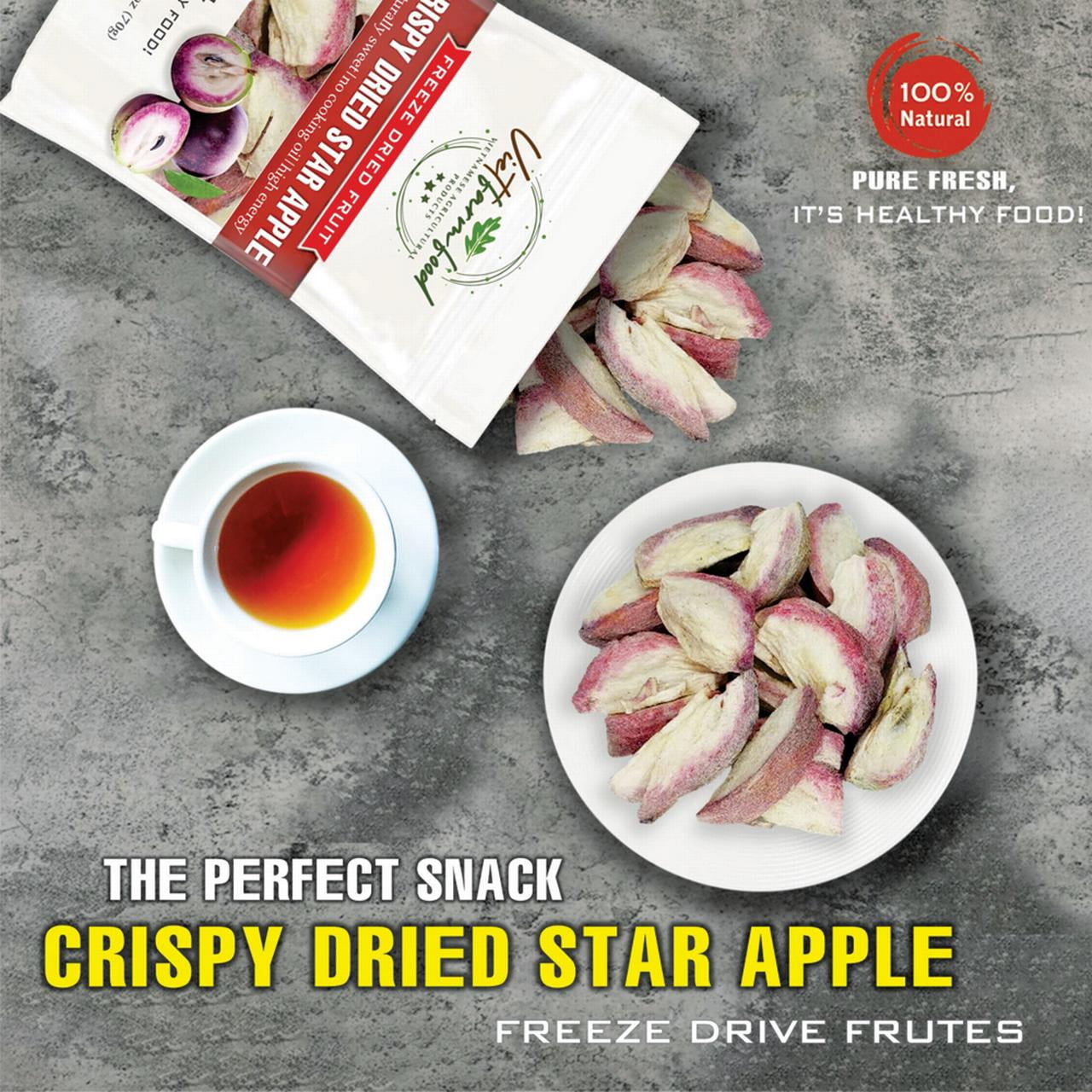 CRISPY DRIED STAR APPLE 2.47 oz (70g) VIETFARMFOOD: Freeze-dried, no sugar added, naturally sweet. Nutritious, pure, and crunchy. Great for snacking, toppings, desserts or healthy gifting