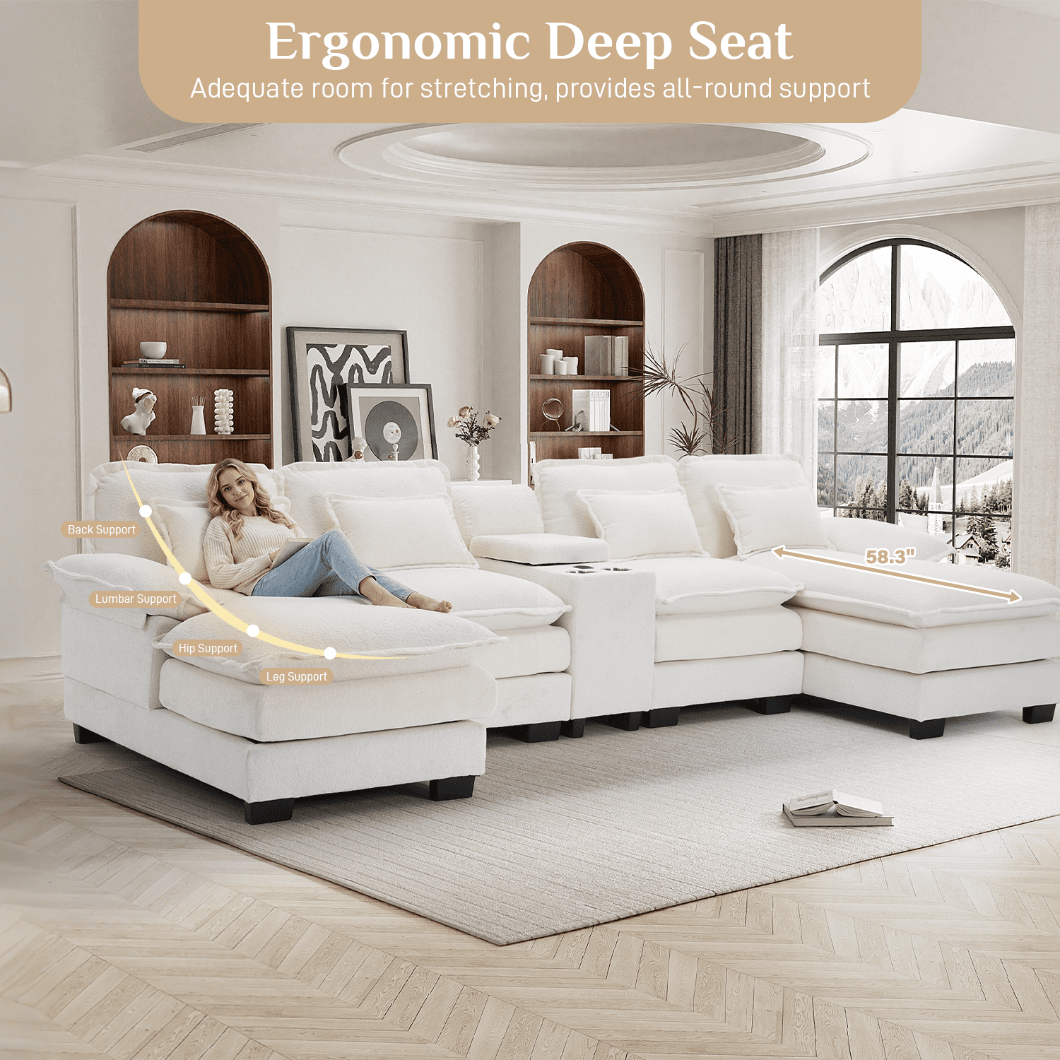 Wiilayok 133" U Shaped Cloud Couch Modular Sectional Couches for Living Room Fluffy Chenille Deep Seat Sofa Set with Double Chaise Lounge, Storage Central Console, Cup Holders, USB Port, Beige White