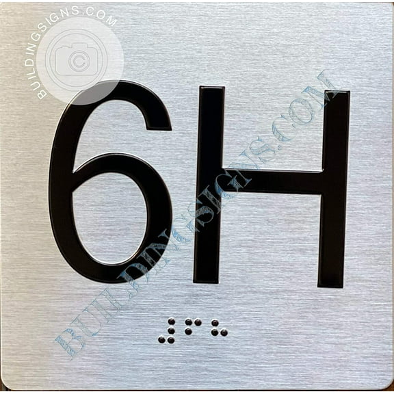 Apartment Number 1H Sign with Braille and Raised Number (Aluminum, 4x4, Double Sided Tape, Silver)-The Sensation line (ref-2201)