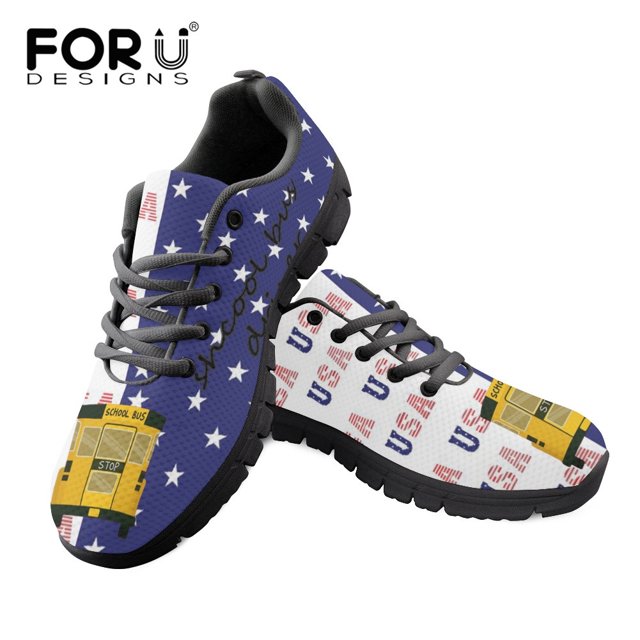 School Bus Driver Pattern Woman American Flag Print Woman Flats Lace Up Shoe Sneakers Breahtable Spring/Autumn Shoes