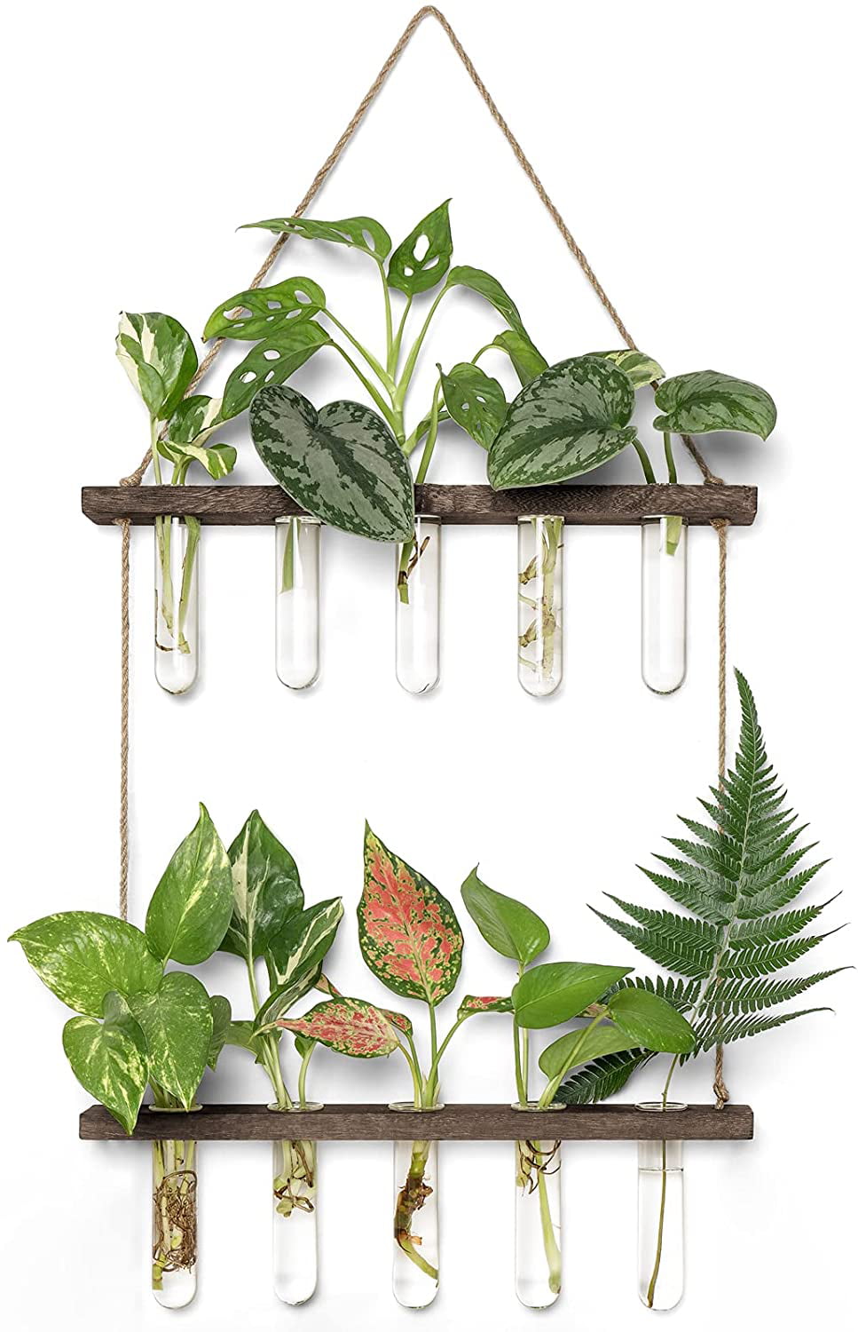 2 Tiered Plant Propagation Stations Plant Terrarium with Wooden Stand Wall Hanging Planter Brown Glass Planter Test Tube Vase for Propagating Hydroponic Plants Home Office Garden Decor-8 Bulb Vase 