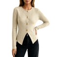 thumbnail image 3 of Women's Round Neck Slim Fitted Button Up Long Sleeve Ribbed Knit Cardigan Sweater Jacket, Lightweight Soft Skin-Friendly Business Casual Work Layering for Fall Winter Daily Beige, 3 of 5