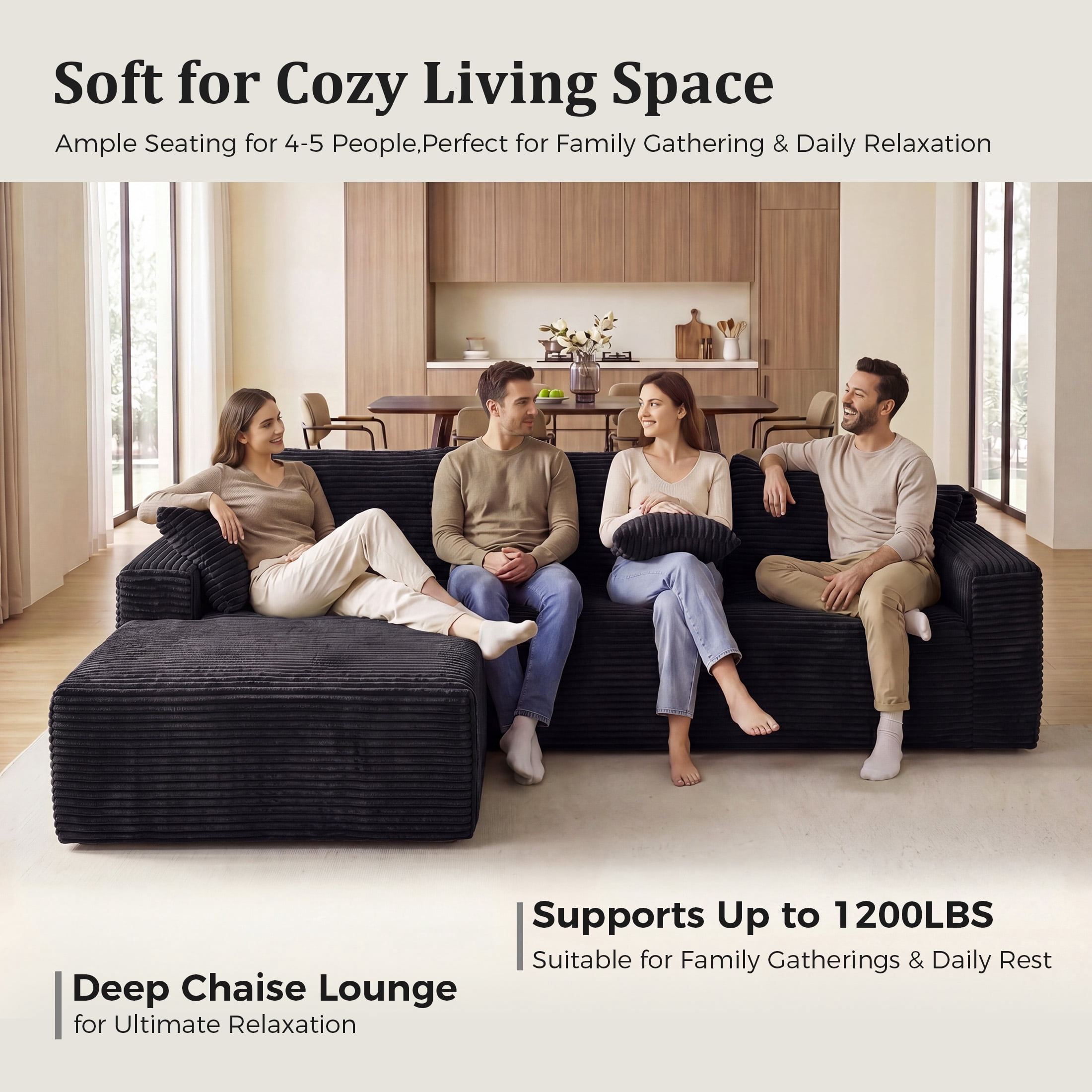 Aenkyo 95 Inch Corduroy L-Shaped Modular Sectional Sofa, Left Chaise, Black