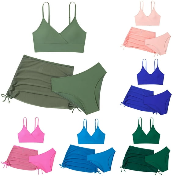 TBWNWG Bikini Sets for Teen Girls Bathing Suit with Beach Skirt Childrens Quick-Dry Swimwear (Pink,11-12 Years)