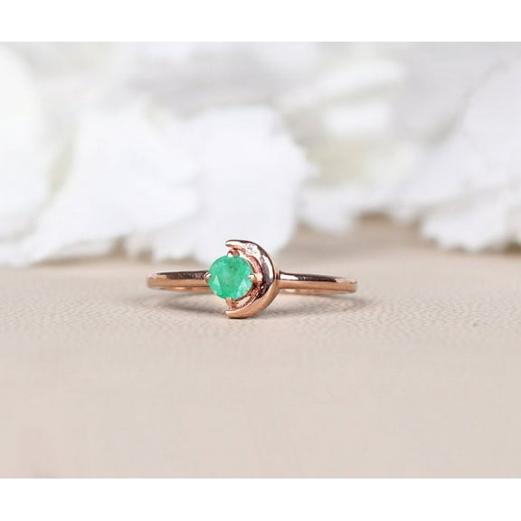 Emerald Moon Ring, Round Emerald Dainty Ring, Beautiful Moon Ring, Solid 14K Rose Gold plated over silver Ring, Solitaire Ring, Unique Gift For Women