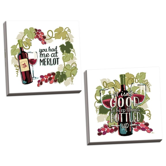 Gango Home Decor Contemporary Wine and Friends II & III on White by Janelle Penner (Ready to Hang); Two 12x12in Hand-Stretched Canvases