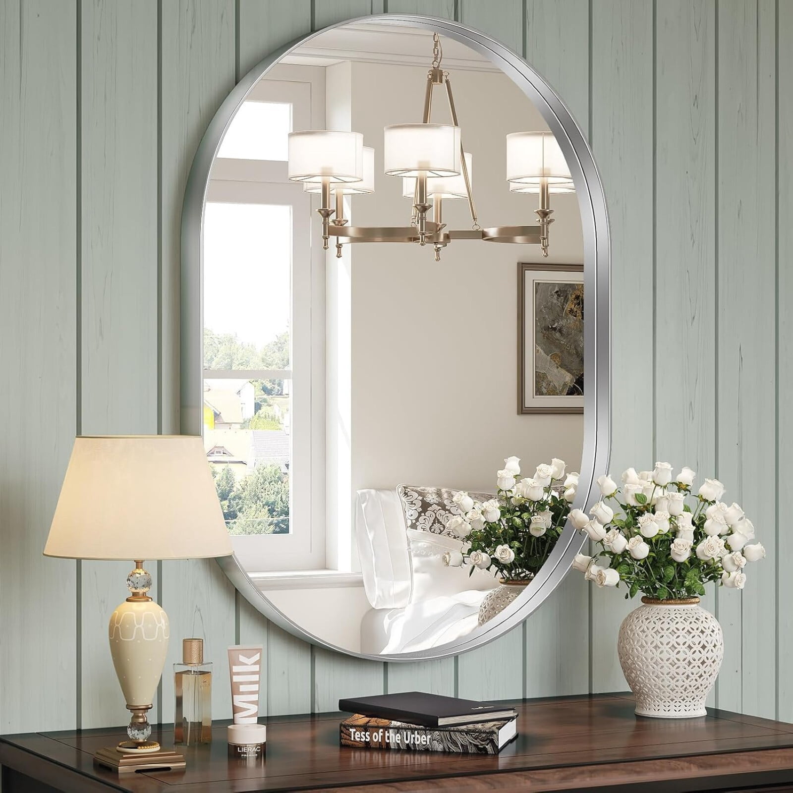 Gleamira 22"x30" Bathroom Mirror Oval Wall Mirror Vanity Mirror with Metal Deep Frame,Silver