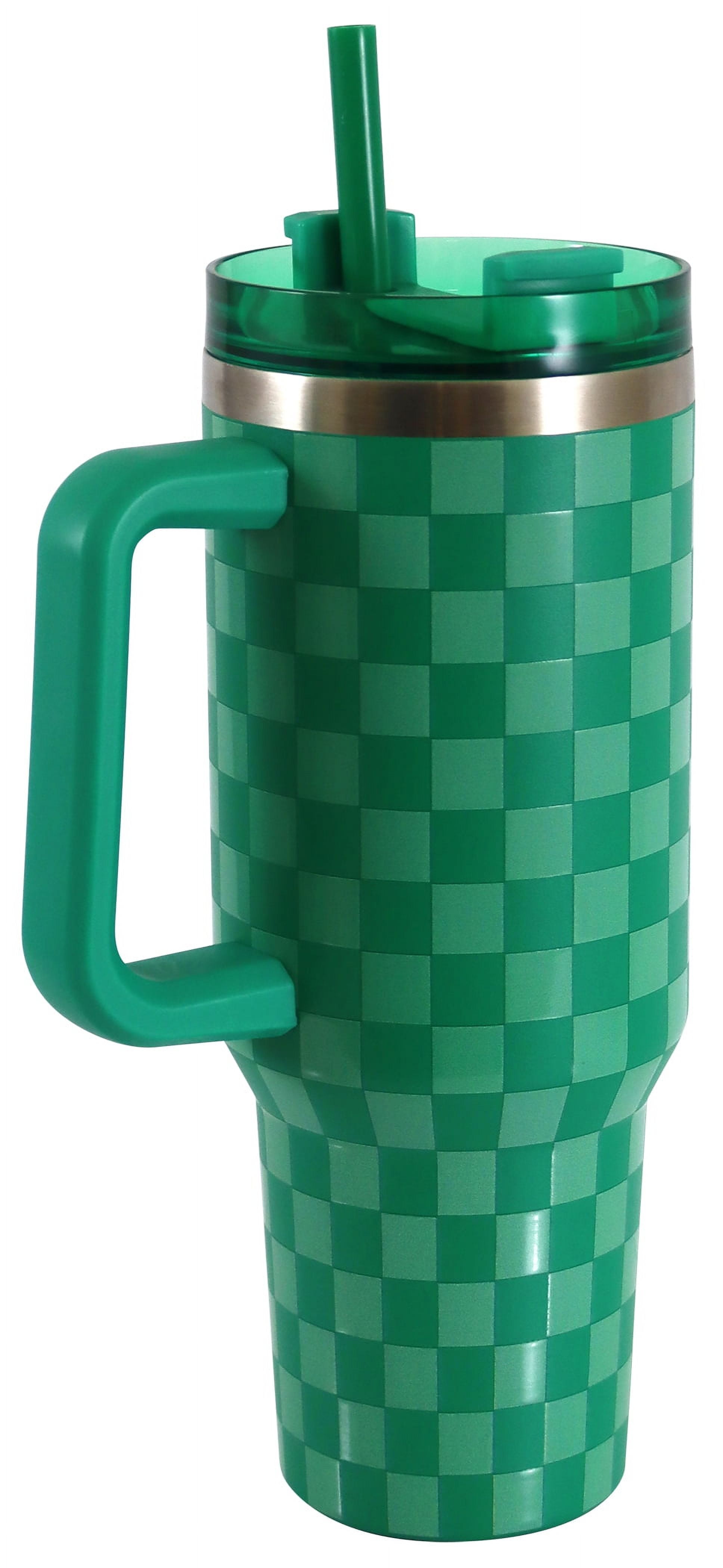 Mainstays 40 oz Stainless Steel Tumbler with Straw and Handle, Double Wall Insulated, Green Check