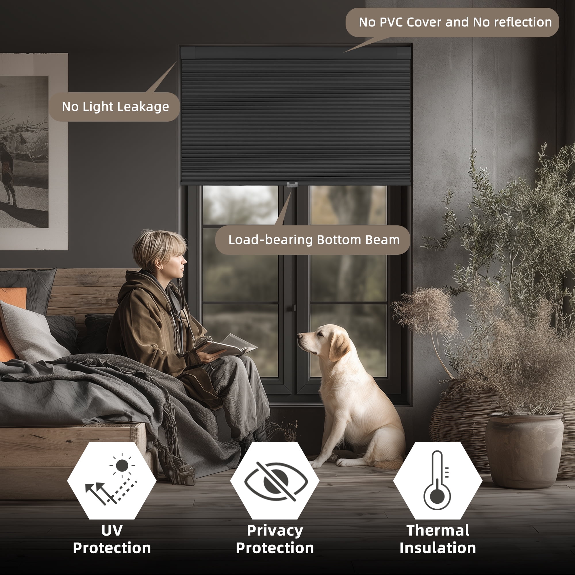 BERISSA Cordless Blackout No Drill No Tools Cellular Shades, Pull Down Window Blinds,Black,34" W x 48" H