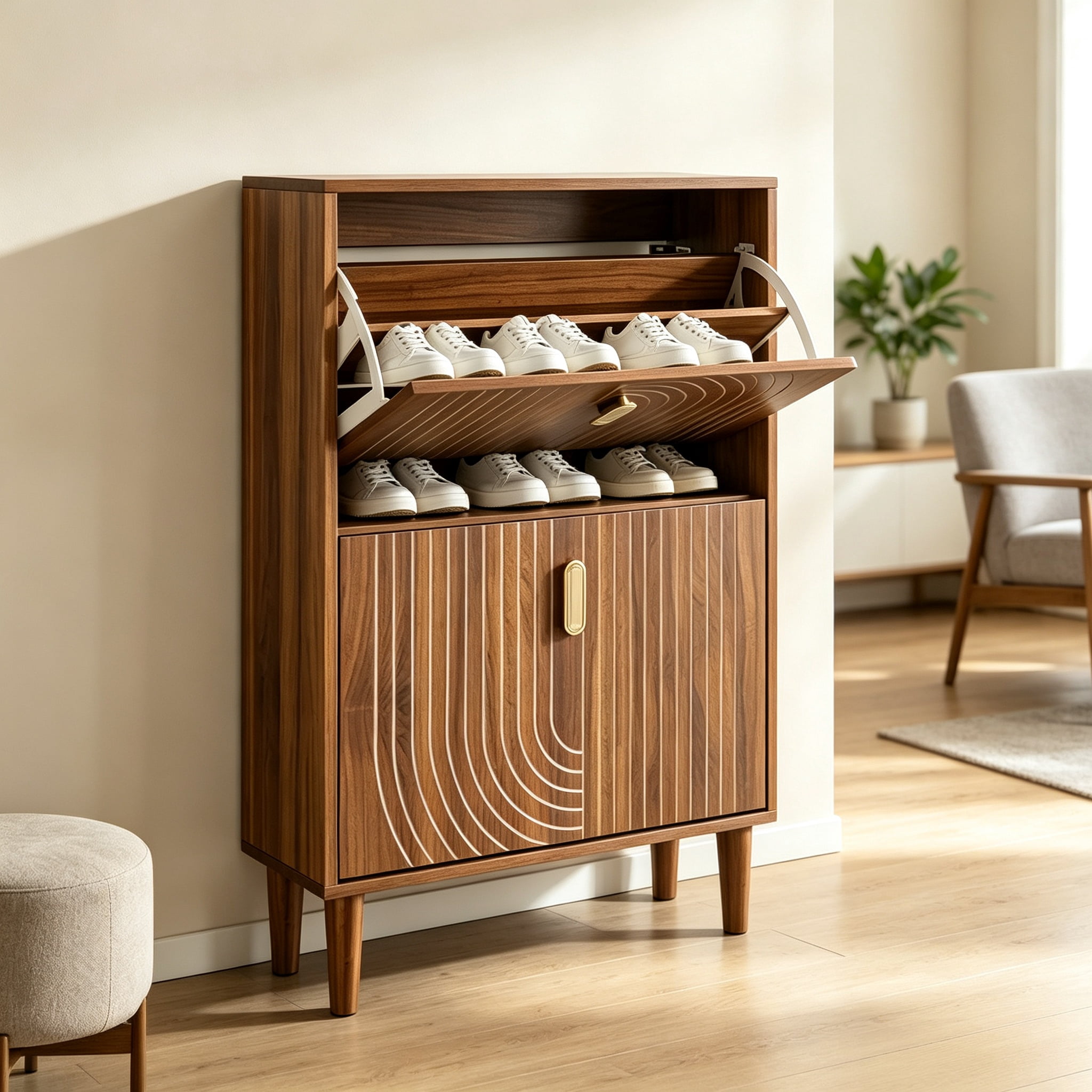 Shoe Storage Cabinet with 2 Flip Drawers, Free Standing Shoe Cabinet with Metal Handles for Entryway,Shoe Rack Cabinet with Line Groove Design, 23.6"W