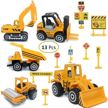 Construction 24 Piece - Construction Toys Sets, 5 Pieces Mini Vehicles, Including Truck Forklift Bulldozer Road Roller Excavator Dump Truck Tractor,Free-Wheeling Cars for Kids Children Holiday Gifts