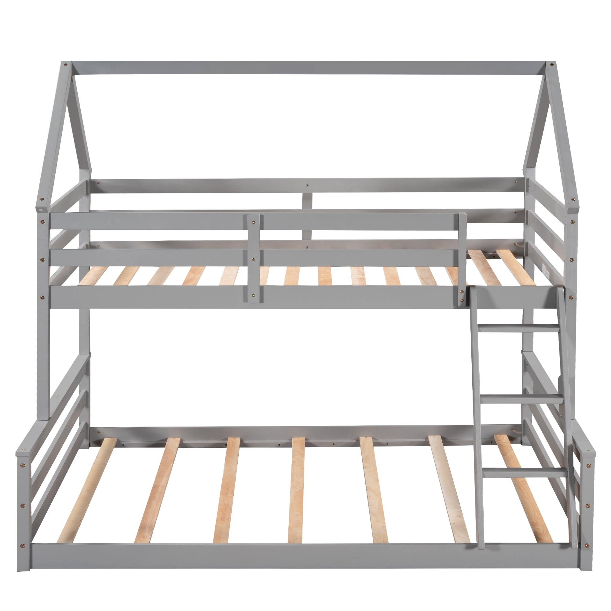 Aukfa Twin over Full Bunk Bed, Solid Wood House Bunk Bed for Kids - Gray