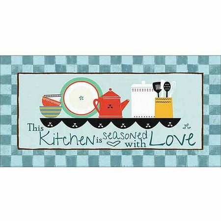 Four Seasons Paintings - Seasoned Kitchen Vector Illustrated Shelf on Checker Pattern Painting Blue Canvas Art by Pied Piper Creative
