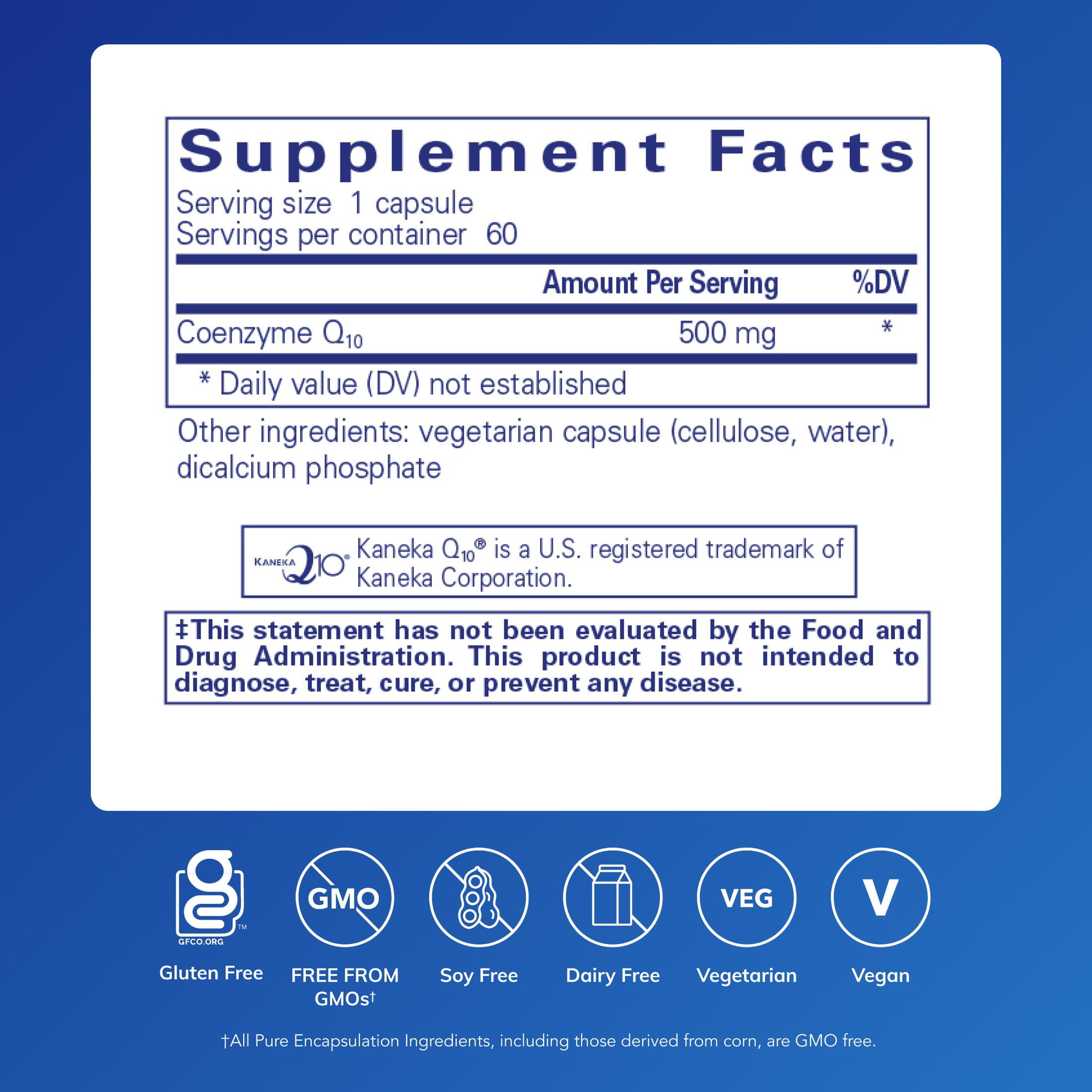 Pure Encapsulations CoQ10 500 mg | Coenzyme Q10 Supplement for Energy, Antioxidants, Brain and Cellular Health, Cognition, and Cardiovascular Support* | 60 Capsules