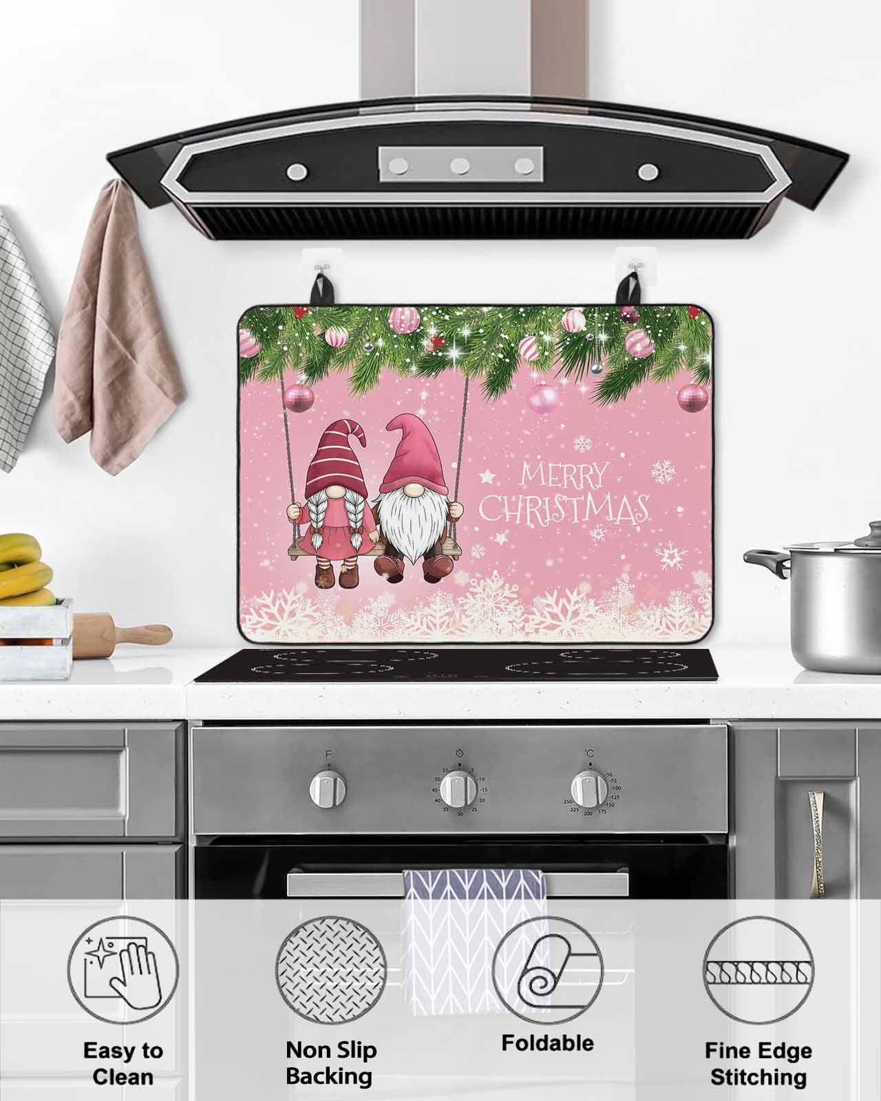Large Induction Cooktop Protector Mat Pink Gnomes Christmas Stove Top Covers for Electric Stove, Xmas Berry Balls Snowflake Decorative Stove Burner Cover Mats, Glass Top Stove Cover
