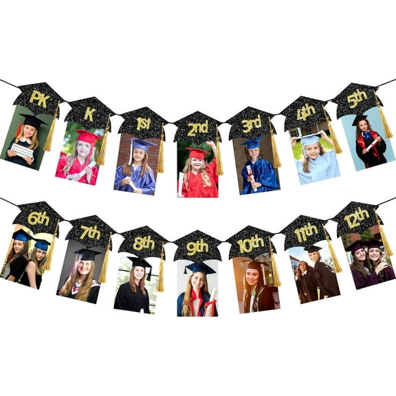 Black and Gold K-12 Graduation Photo Banner with Gold Tassel, Kindergarten to 12th Grade Graduation Picture Banner for Grade Photo Kindergarten 2025 Party Decorations Black and Gold