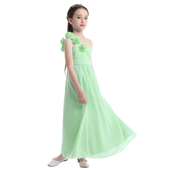 DPOIS Kids Flower Girl Dress One Shoulder A-line Chiffon Long Dress Light Green 16