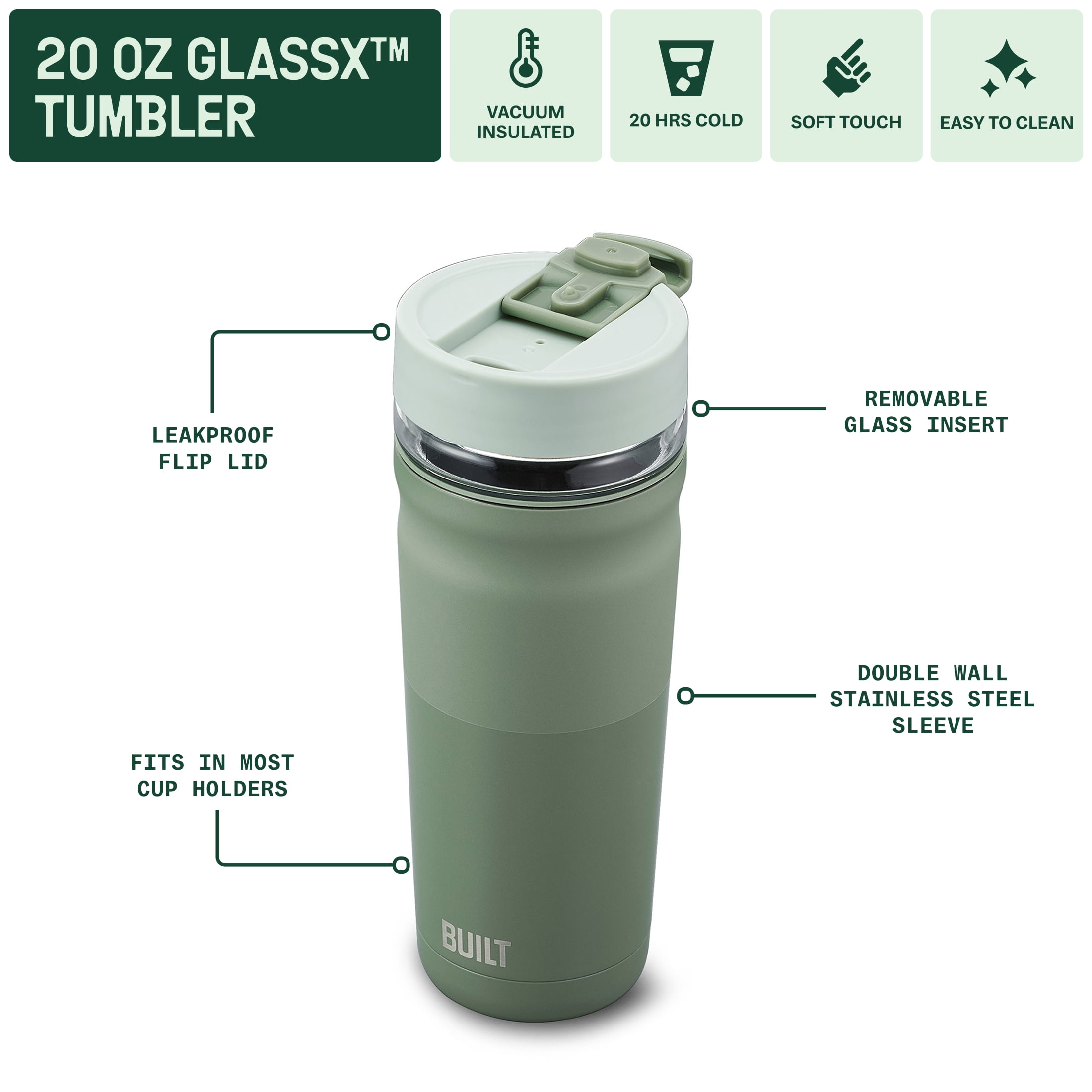 Built GlassX 20 Oz Two-Tone Sage Insulated Stainless Steel Tumbler With Glass Interior