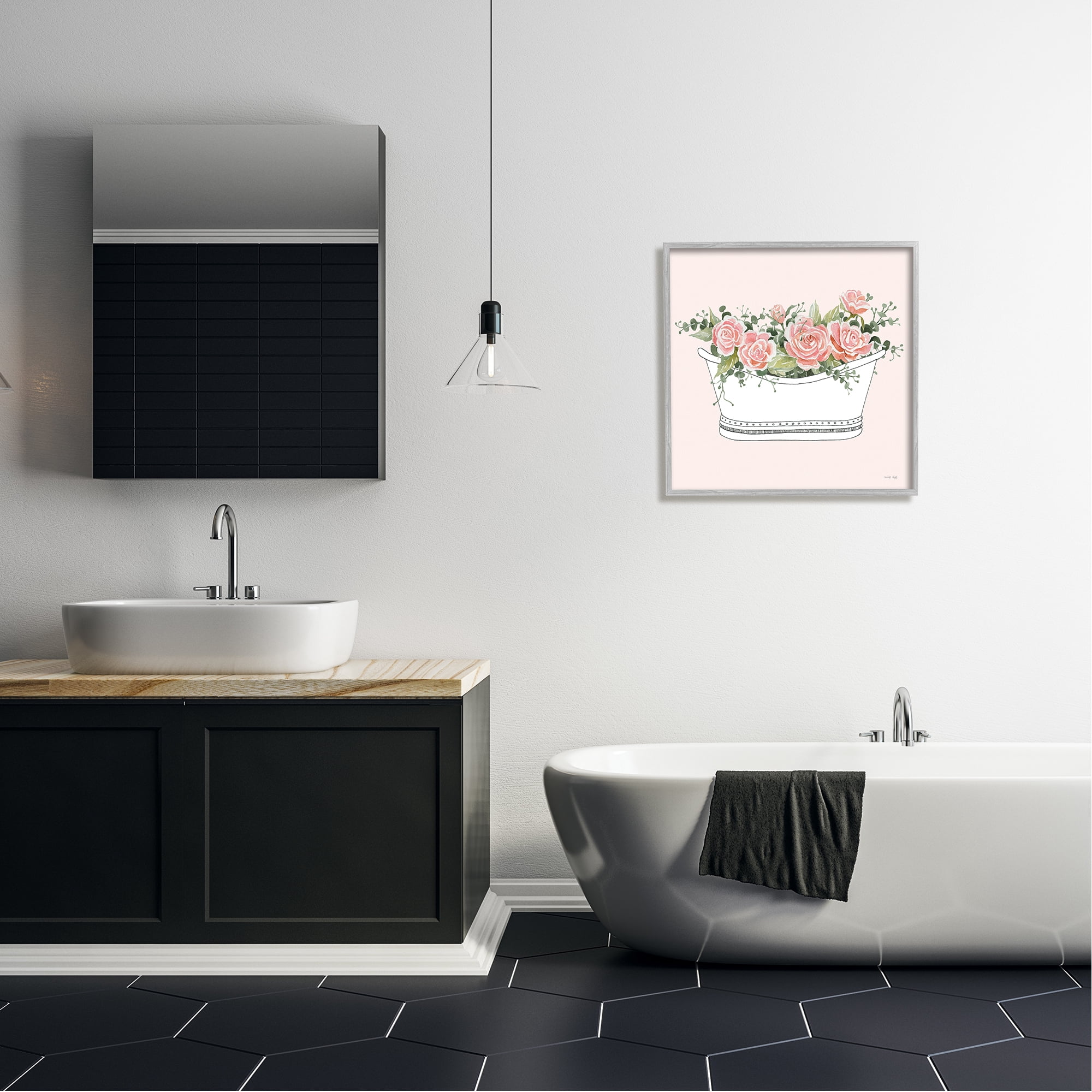 Stupell Industries Pink Rose Blossoms Casual Bathroom Bathtub Planter Graphic Art Gray Framed Art Print Wall Art, Design by Cindy Jacobs