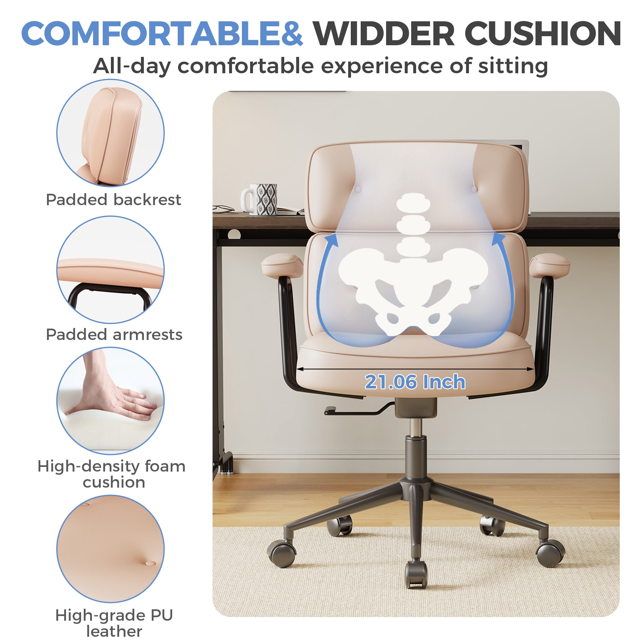CONCETTA Ergonomic Office Chair, Soft PU Leather Adjustable Task Chair with Lumbar Support and 360° Swivel,Pink