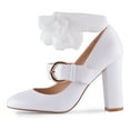 thumbnail image 2 of YDN Women Chic Closed Toe Bow Tie Mary Jane Pumps Buckle Strap Block High Heels Lovely Dress Ballroom Shoes Size 12 White, 2 of 4