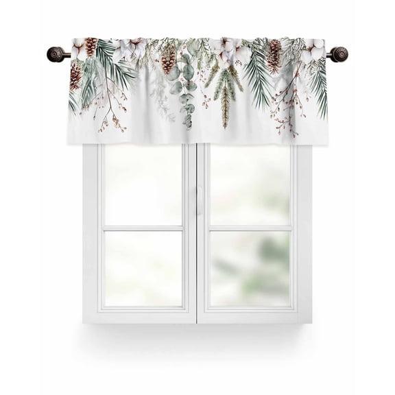 Winter Christmas Botanical Kitchen Valances for Windows Eucalyptus Leaf Pine Branch Valance Curtains for Kitchen /Living Room/Bedroom/ Bathroom Decor, 54"x18 " ,Rod Pocket 1 Panel, White
