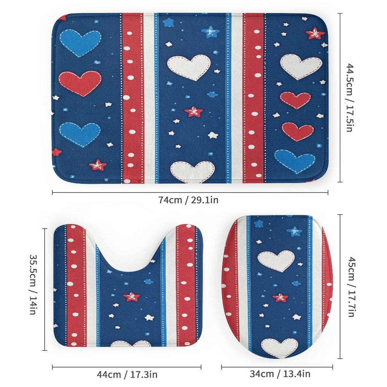 USA Hearts & Stars Shower Curtain Sets 4 Piece Bathroom Shower Curtain Set with Rugs Memorial Day Patriotic Waterproof Fabric Bath Curtain for Bathroom Decor Set