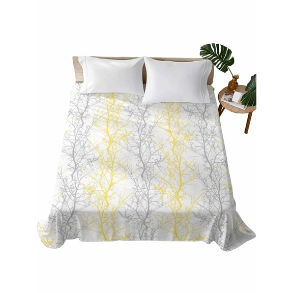 Yellow Gray Flat Sheets Only California King Size, Soft Breathable Bed Top Sheets for Mattress, Pastoral Botanical Branch Aesthetics Luxury Bedding Flat Sheets for Home Hotel Bedroom Bed Protection