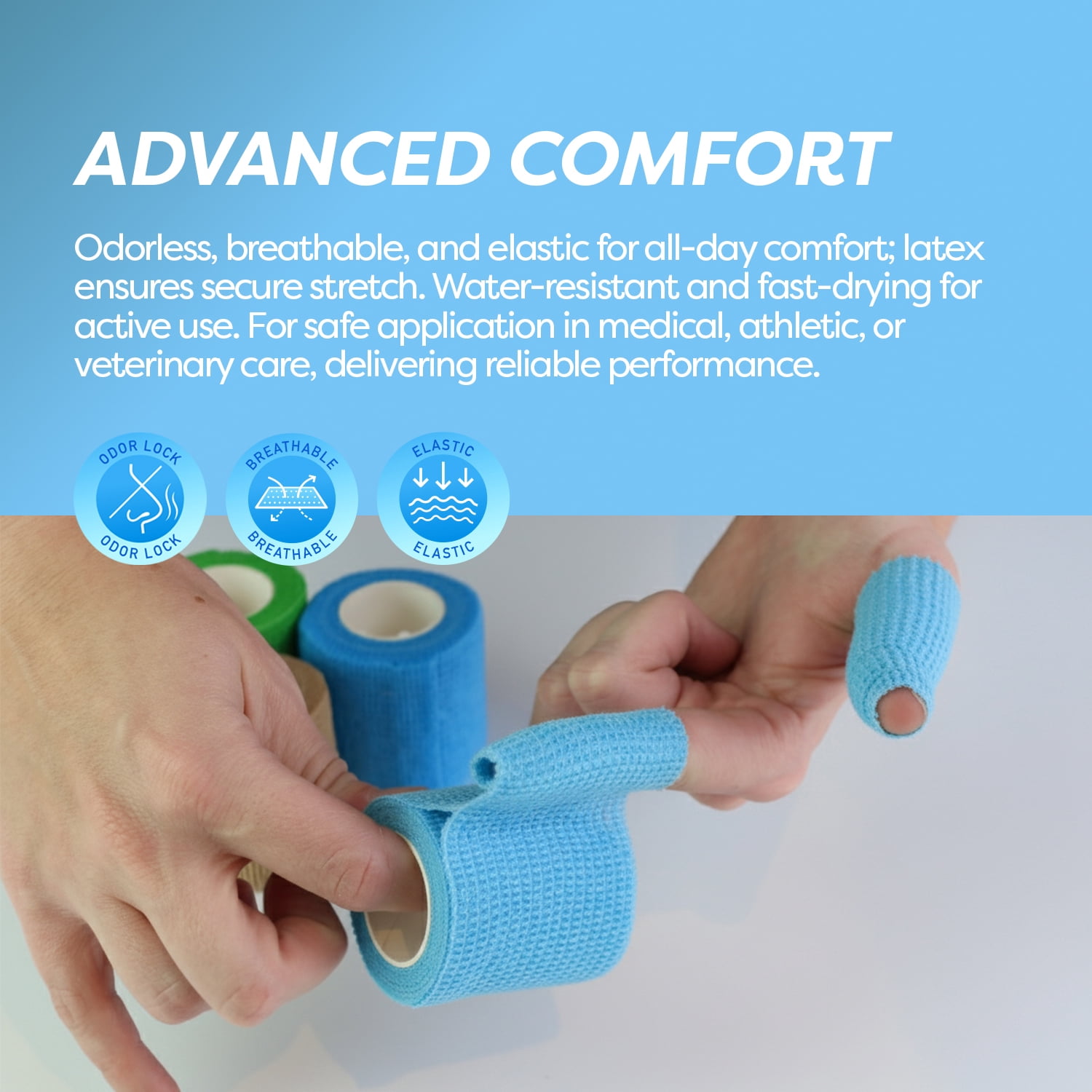 Dynarex Sensi-Wrap Self-Adhesive Bandages, 30-Pack, 1" x 5 yards, Light Blue, Latex, Colored Elastic Cohesive Athletic Tape, Tattoo Grip & Vet Wrap
