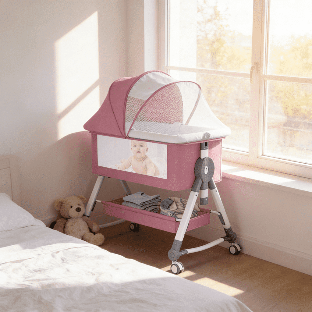LUOLUO Baby Bassinet with Wheels & Changing Table,  5-in-1 Infant Bedside Crib for 0-24 Months,Adjustable Height, Breathable Mesh & Mattress, Pink