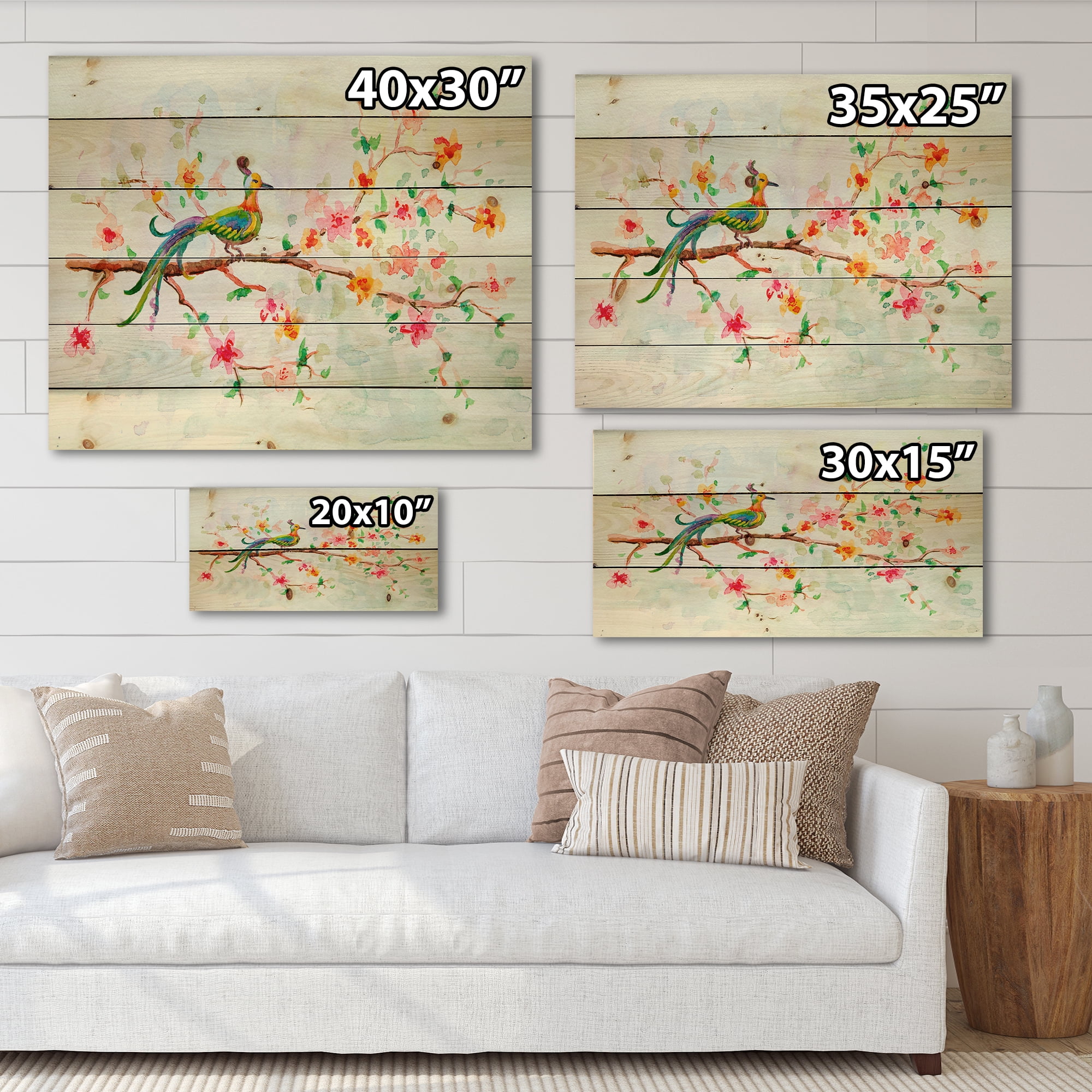 Designart 'Little Bird Sitting On Blooming Branch' Traditional Print on Natural Pine Wood