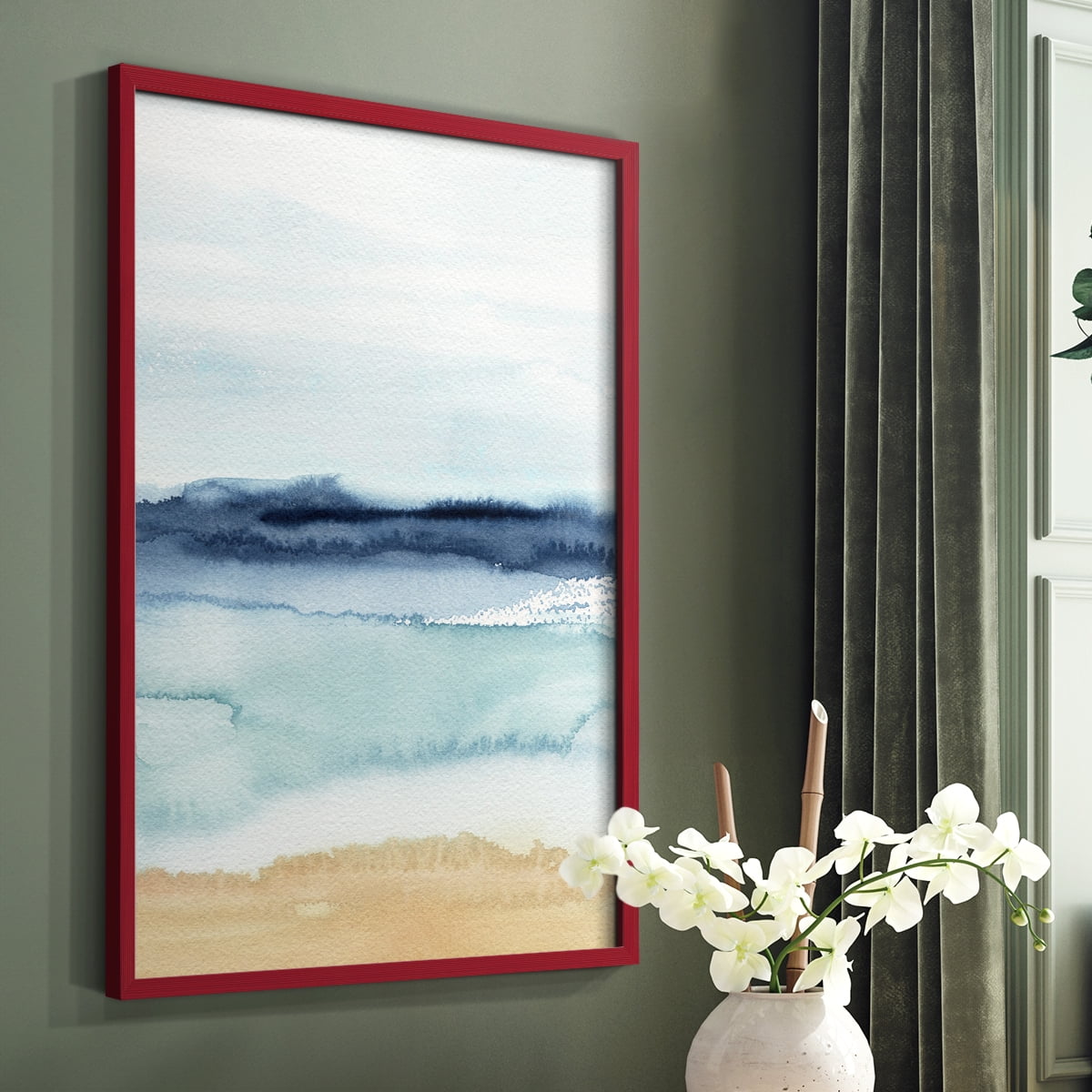 Watercolor Ocean Horizon II Framed Print in Red Solid Wood 8 x 10 Framed Print